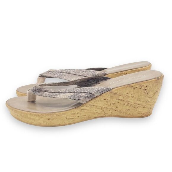 Lorenzo Chelini Taupe Faux Snakeskin Cork Wedge Sandal Thong Flip Flop Size 10 - Picture 5 of 16